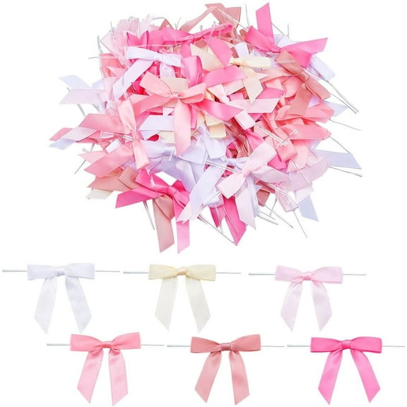 90Pcs 6 Colors Pastel Pink Satin Ribbon Bows with Twist Tie 3" Pretied Bows Premade Craft Bows DIY for Treat Bags Packaging Bowknot DIY for Gift Wrapping Cake Pops Hair Wedding Party Favors
