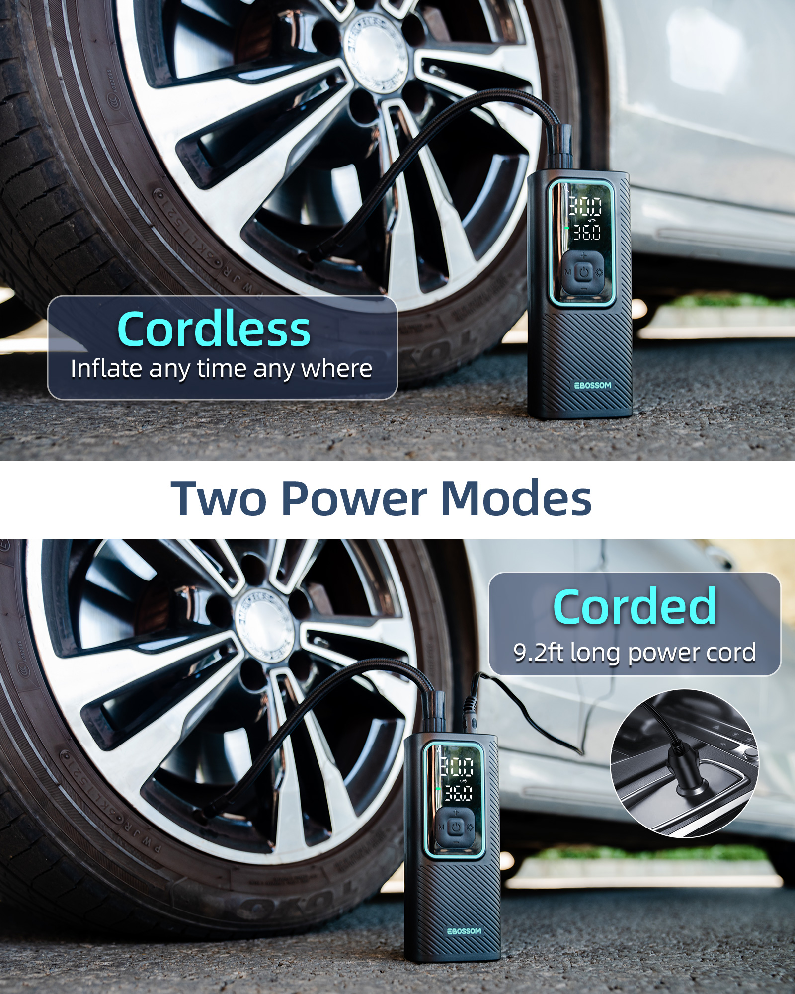 EBOSSOM Cordless Portable Tire Inflator Air Compressor, 150 PSI Mini Car Air Pump,12V DC Cigarette Lighter, Pressure Gauge, Cordless Tire Inflator Rechargeable with Display & LED