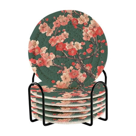 

Qxltty Plum Blossom Drink Coasters with Holder 6pcs Handmade Woven Simple Vintage Saucer Set