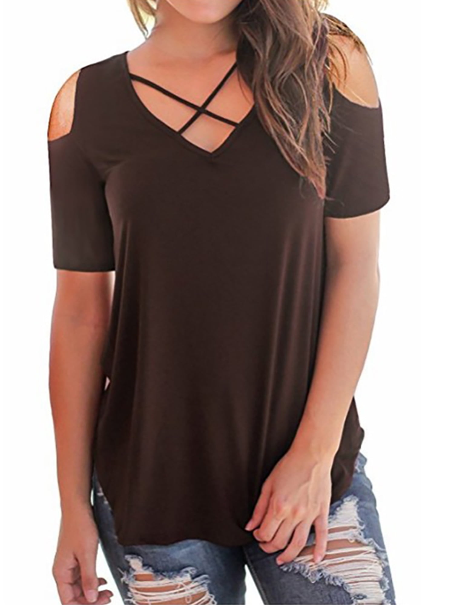 Women's Cold Shoulder Strappy Tunic Tops Loose Zipper V-Neck Tee Summer Casual T-Shirt Fashion Blouses