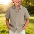 thumbnail image 2 of GiLiling Boys Button Down Shirt Cotton Short Sleeve Shirt Solid Summer Beach Shirt with Pocket (Khaki, 9-10 Years), 2 of 8