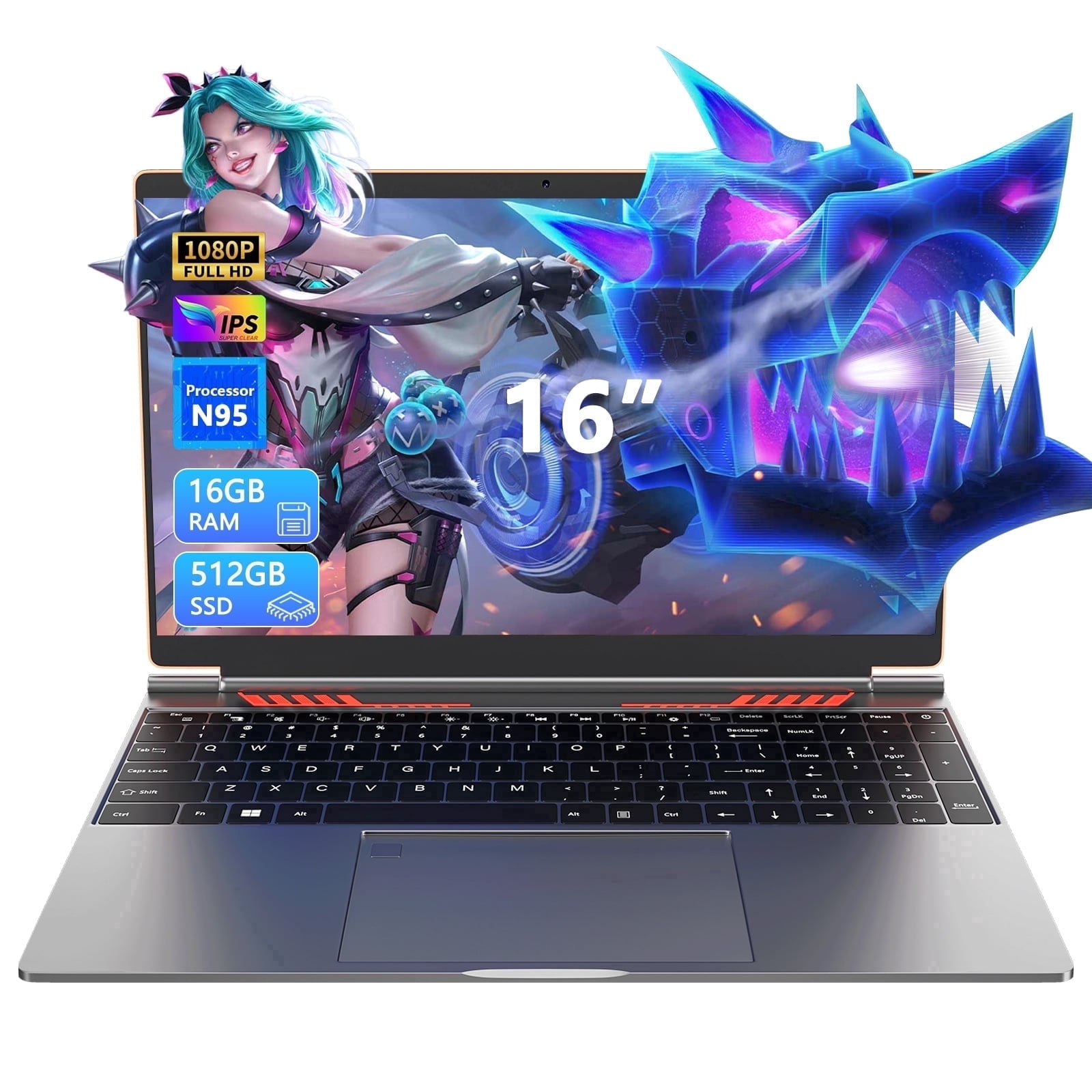 Laptop 16" Gaming Laptop, 16GB RAM, 512GB SSD, N95, 1920x1200 IPS Screen with 4 Core Intel for Gaming and Stronger Graphics Processing Performance