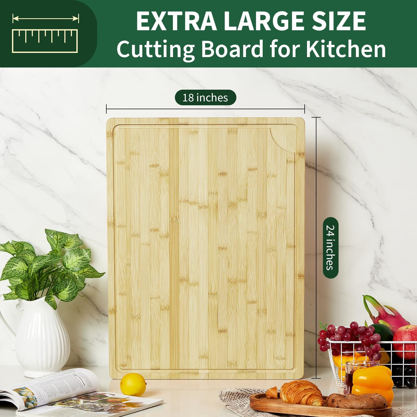 24"x18" Bamboo Cutting Boards, Extra Large Wood Chopping Board for Kitchen with Juice Groove and Handles, Reversible Butcher Block Charcuteries Serving Tray