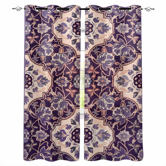 Fsddascl Purple Boho Blackout Curtains for Bedroom/Living Room, Thermal Insulated Kitchen Curtains, Farmhouse Ethnic Abstract Floral Pattern Grommet Darkening Window Treatment Drapes 52"x84"x2