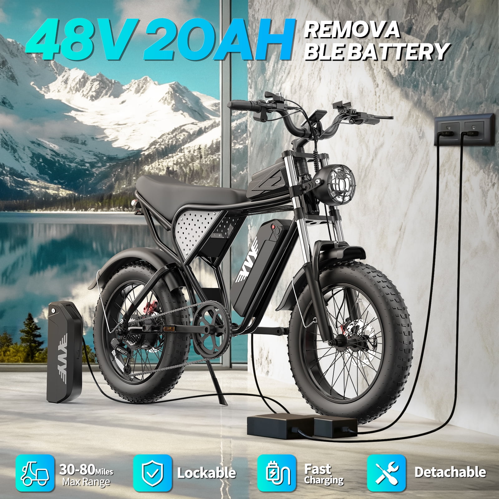 YVY Electric Bike for Adults,Peak 1500W 28MPH,48V 20AH 30-80 Miles E-Mountain Bike, 20'' Fat Tire Electric Bicycle UL2849