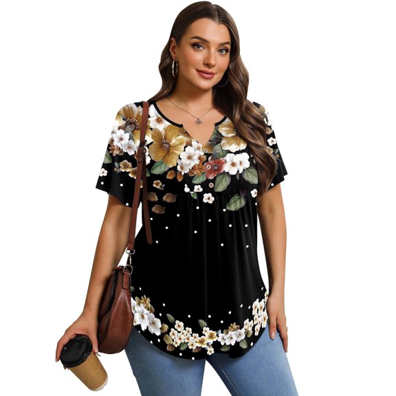 Zeagoo Womens Plus Size Tunic Top Summer Short Sleeve T-Shirt V-Neck Button Up Dressy Blouse Casual Pleated Pullover
