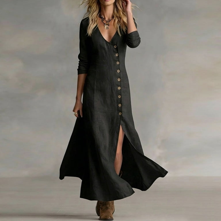 long shirt dress with high slits Clodeeu Women's V Neck Long Sleeve Button Down Maxi Shirt Dress,Casual Summer Long Dress with High Slit Black,Women's Plus Xxxl, Size: 3XL