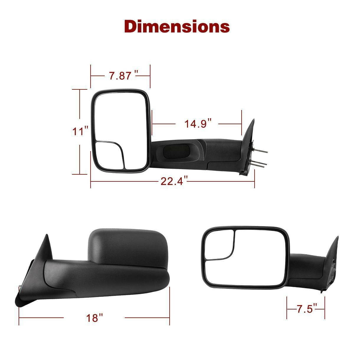 Ledkingdomus Pair Manual Tow Mirrors for Dodge 1994-2001 RAM 1500 94-02 RAM 2500 3500 with Convex