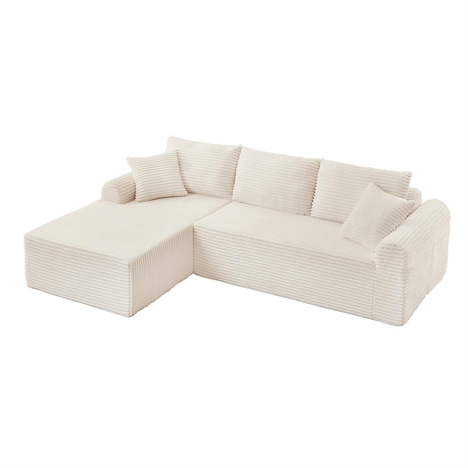 Demi Bonn 103" Cozy Corduroy Sectional Sofa with Arched Armrests, Non-Slip Base, 3 Back Cushions and 2 Throw Pillows, Full-Compression Chaise Lounge Couch Set, White