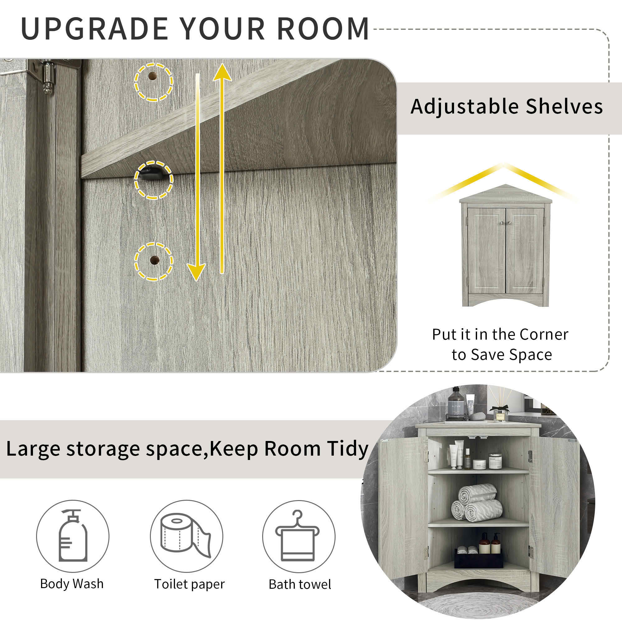 MAYEERTY Oak Triangle Bathroom Cabinet Adjustable Shelves Freestanding Floor Cabinet