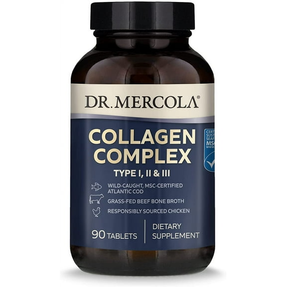 Dr. Mercola Collagen Complex Dietary Supplement, Type I, II and II, 30 Servings (90 Tablets), non GMO, Gluten Free, Soy Free