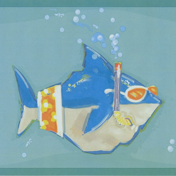 Concord Wallcoverings Wallpaper Border Kids Pattern Cartoon Sharks Surfing for Children Bedroom, Blue Orange Yellow Cadet Blue Beige, 6 Inches by 15 Feet KJ0315BD