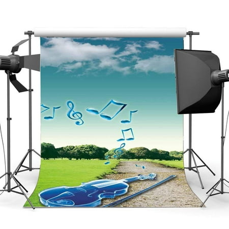 Image of ABPHOTO Polyester 5x7ft Band Concert Backdrop Guitar Music Notes Jungle Forest Backdrops Blue Sky White Cloud Dirt Road Green Grass Meadow Spring Photography Background for Boys Photo Studio Props