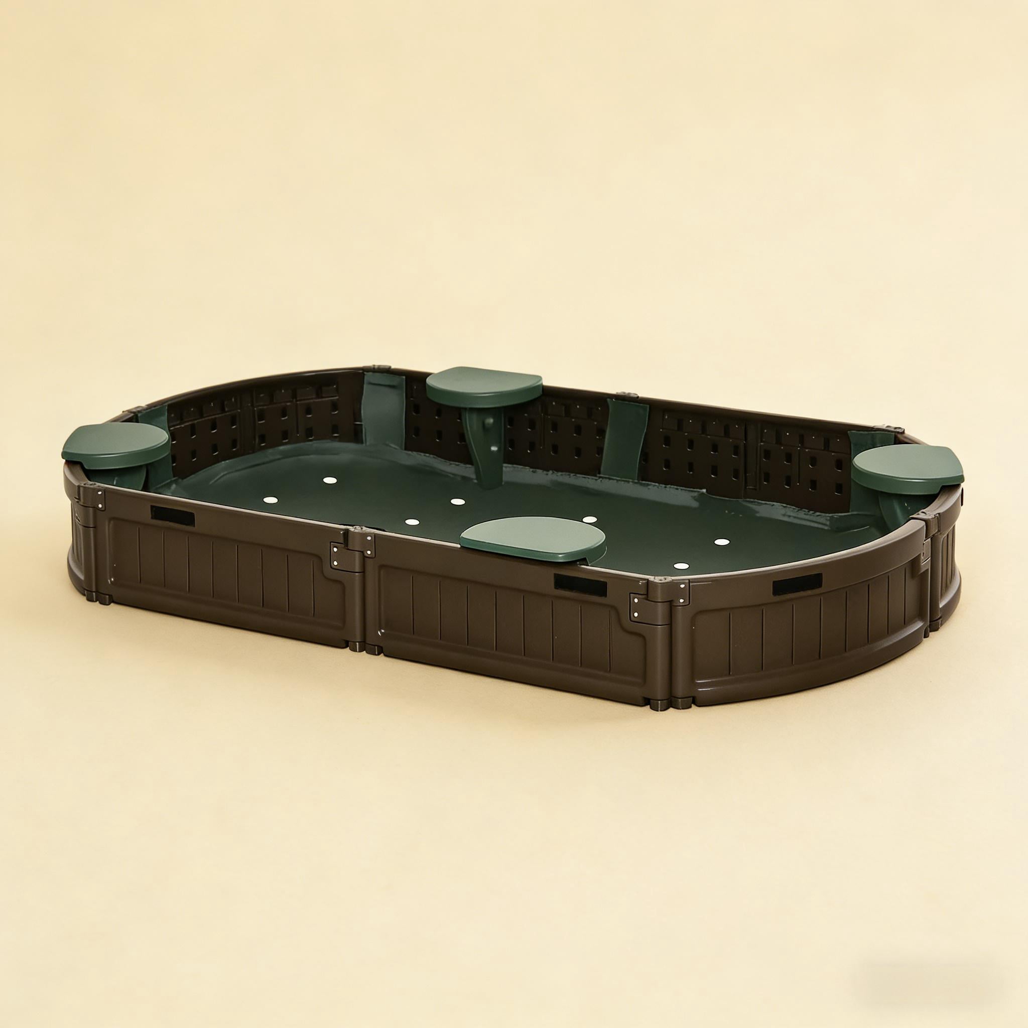 Children's Oval Outdoor HDPE Sandbox with 4 Semicircular Seats, Waterproof Oxford Cover & Liner, Dark Green Brown Sand Pit, Tool-Free Assembly for Backyard Lawn, Ages 3-12