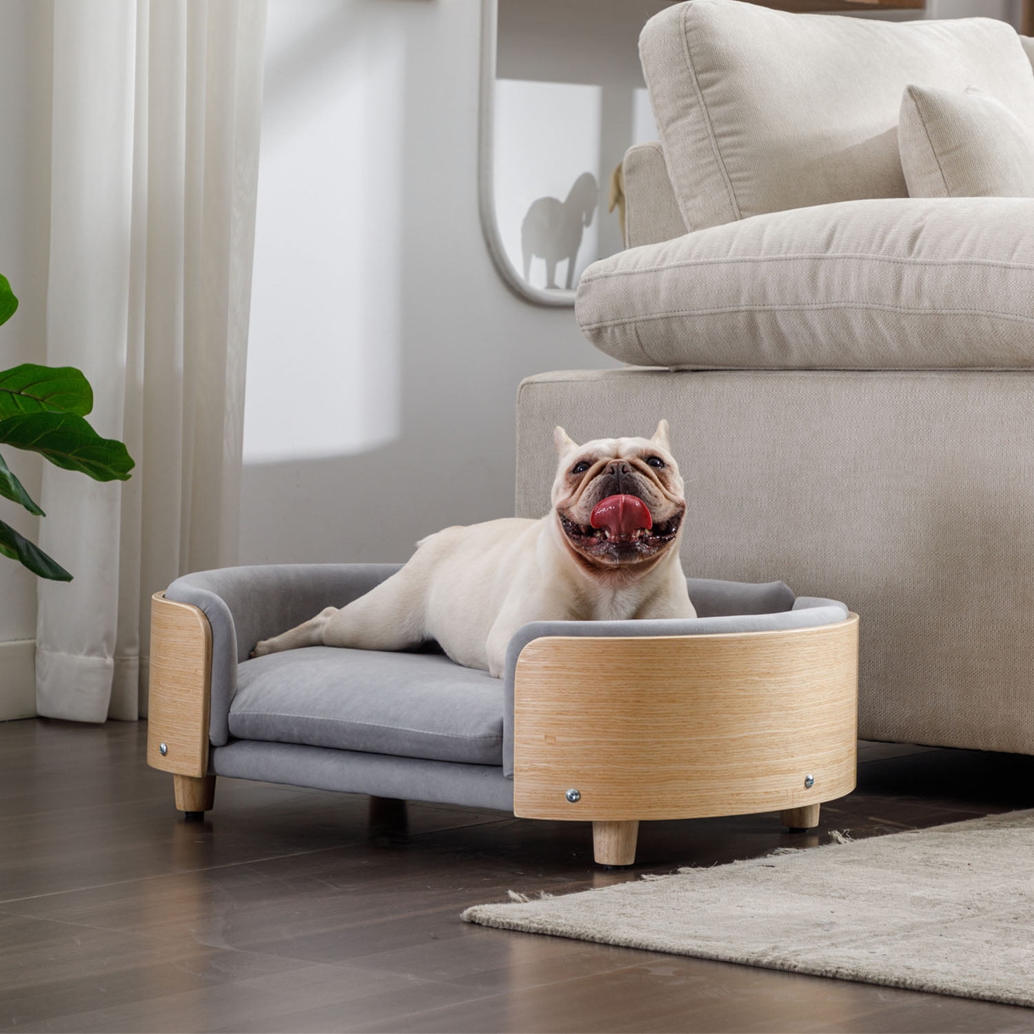 Pefilos 30" Elevated Dog Bed with Velvet Cushion, Scandinavian Style Pet Sofa with Solid Wood legs and Bent Wood Back, Gray M Pefilos 30" Elevated Dog Bed with Velvet Cushion, Scandinavian Style Pet Sofa with Solid Wood legs and Bent Wood Back, Gray M