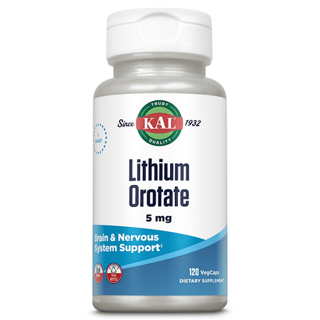 KAL Lithium Orotate 5mg | Low Serving Of Chelated Lithium Orotate For Bioavailability & Mood Support | In Organic Rice Bran Extract Base | 120 VegCaps