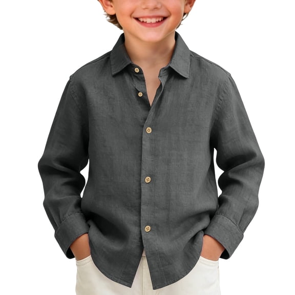 Mercatoo Boys Long Sleeve Cotton Linen Button Down Shirts Summer Beach Vacation Shirt for Youth Kids Solid Classic Soft Casual Tops