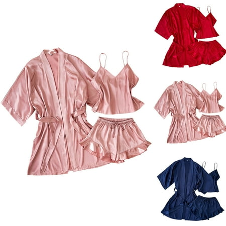 Antinious Women Solid Satin-Like Long Sleeve Casual Homewear Loungewear Set Set Winter Pajamas for Women Set Women s Sleepwear Outfits Red S