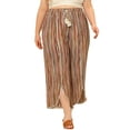 thumbnail image 1 of Pantalones de talla grande para mujeres, pantalones de pierna ancha de rayas con cintura elástica dividida 2X marrón, 1 of 6