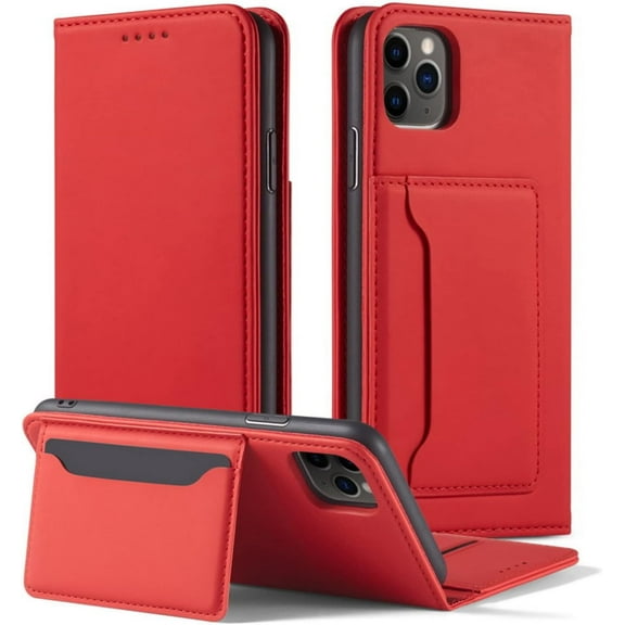 Luxury Comfortable Skin-Friendly PU Phone Case with Wallet and Card Slot Bracket, for iPhone 14 13 12 11 8 7 X XS XR Plus Pro Max Mini Shockproof Full-Body Protective Cover(Red,12 Pro max)