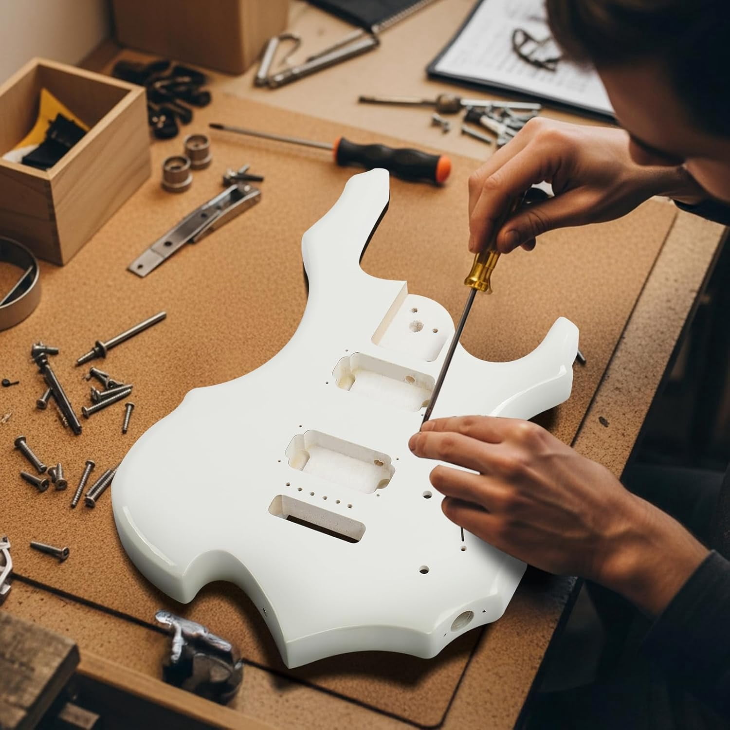 DIY Guitar Kit with Solid Body, Tech Fingerboard and Maple Neck, 6 String DIY Electric Guitar Kit with Unique Design, Easy Installation & Full Equipment to Build Your Own Guitar (Flame-White)