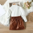 thumbnail image 5 of Zwiiyzr Toddler Baby Girl Skirt Outfit Turtleneck Bubble Long Sleeve Buttons Top + Leather Skirt Trendy Suit Two-Piece Suit for Group 1-6 Years Old Brown, 5 of 5