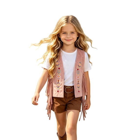 Coerni Girls Faux Suede Fringe Vest Retro Boho Floral Embroidery Open Front Cowgirl Waistcoat Teen Cute Tassels Outerwear Halloween Carnival Party
