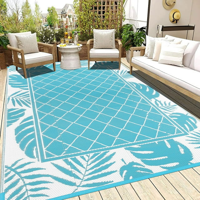 Alfombra de exterior Ilead, 183 x 274 cm, impermeable y reversible, color verde azulado
