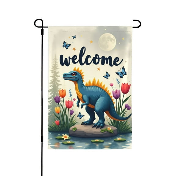 Spring Garden Flag Welcome Outside Blue Dinosaur Yellow Spikes Sitting On Rock In Pond At Night Full Moon And Flowers 12×18 In Double Yard Flag Farmhouse Decoration Home Festival Gazebo Terrace