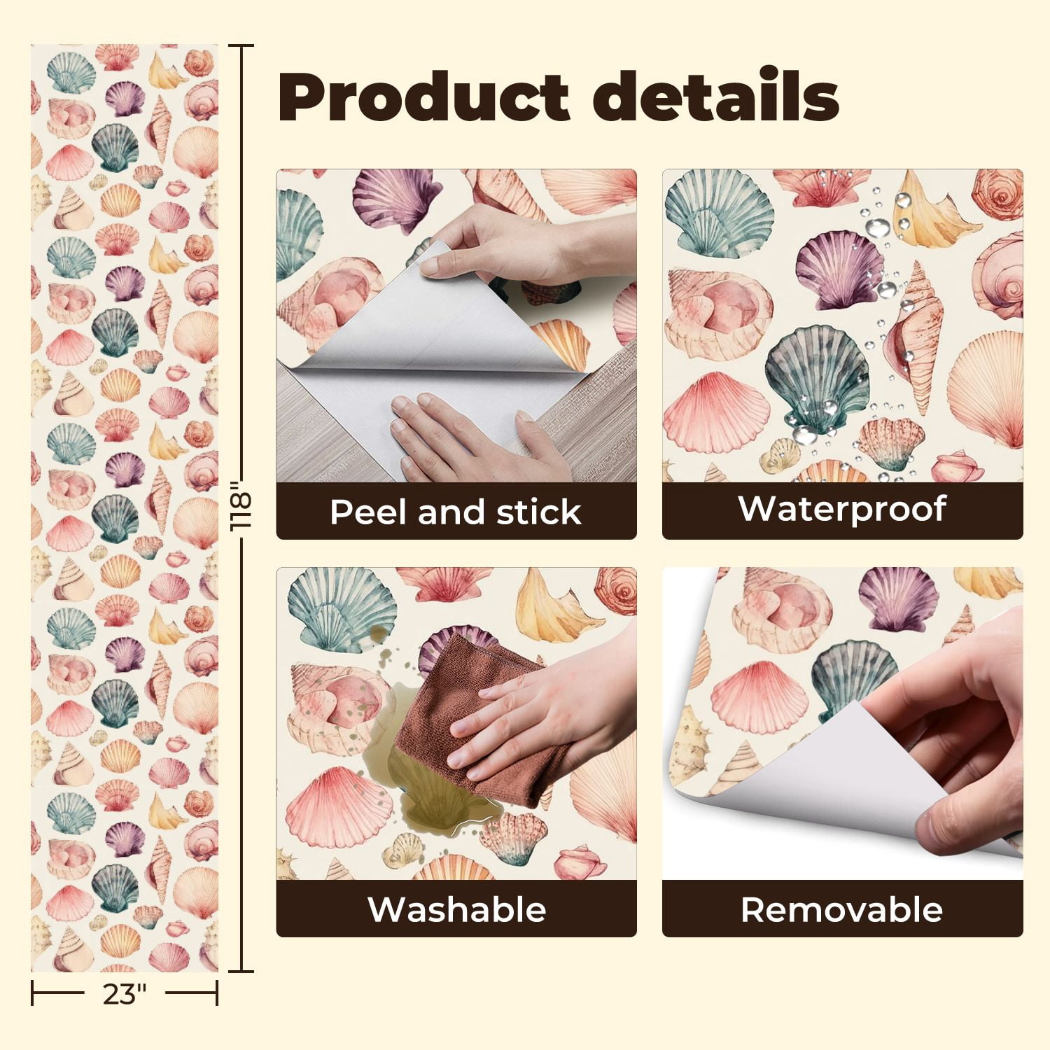 Coastal Peel and Stick Wallpaper Watercolor Seashell Soft Pastel Colors Contact Paper 23.6in x 9.8ft Wallpaper Removable Self Adhesive Wall Paper for Bedroom