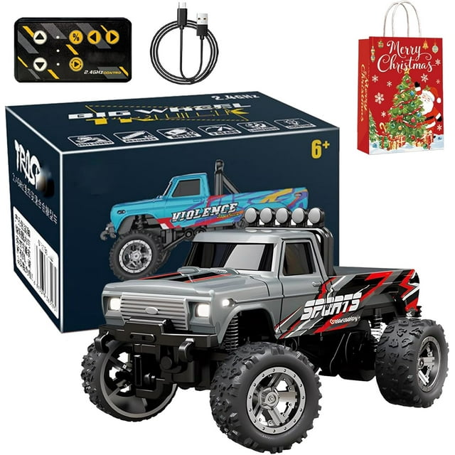 Mini Camion Tout-Terrain avec Lumières, 1:64 Mini Camion Monstre Rc, Télécommande 2.4ghz, 3 Vitesses Réglables, Camions Rc en Alliage Rechargeables USB, Idées Cadeaux de Noël Anniversaire Cool (Gris-B)