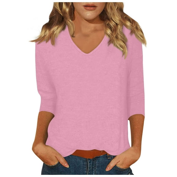 DENGDENG T-Shirts Décontractés pour Femmes à Manches 3/4, Manches au Coude, T-Shirts Tendance à Col en V, Blouses d'Été, Tuniques Trois Quarts de Style Bureau, Hauts Habillés pour Petite, Rose P