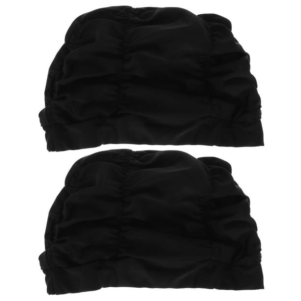 2 gorros de natación plisados impermeables para mujer, protectores auditivos para natación (negro)