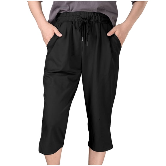 XFLWAM Women Casual Capri Pants Summer Lightweight Elastic Waist Wide Leg Loose Yoga Cropped Pants with Pockets Black M