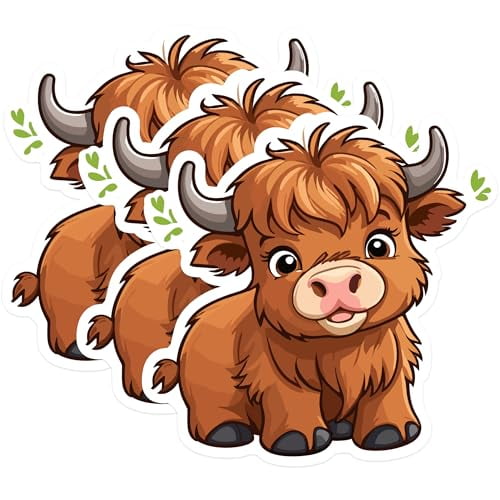 (3 Pack) Highland Cow Decals - Cute Animal Stickers - Laptop Decoration - 3 Inches On Longest Side - Easy Peel & Apply - Made in USA - 3MCS1051