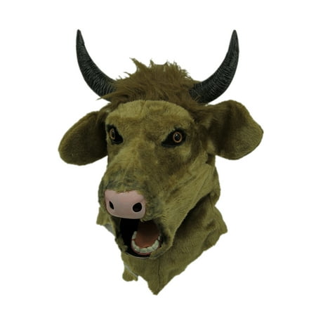 Brown Cow Moving Mouth Faux Fur Adult Horned Bull Mask