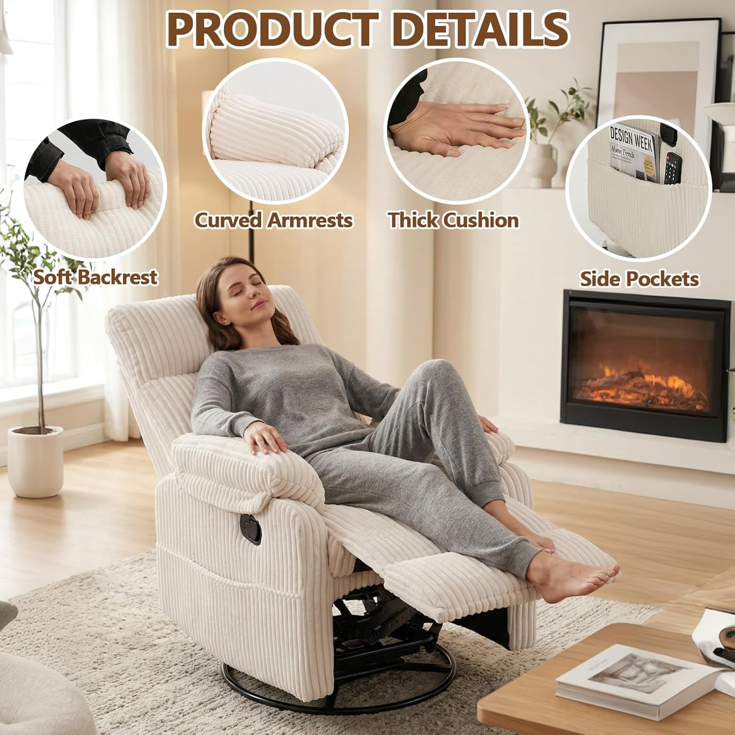 Beige Rocking Chair Nursery Recliners, Small Recliner Rocking Chair for Small Spaces, Manual Swivel Glider Recliner for Living Room Bedroom Office, Corduroy，Adjustable Backrest & Footrest (Beige)