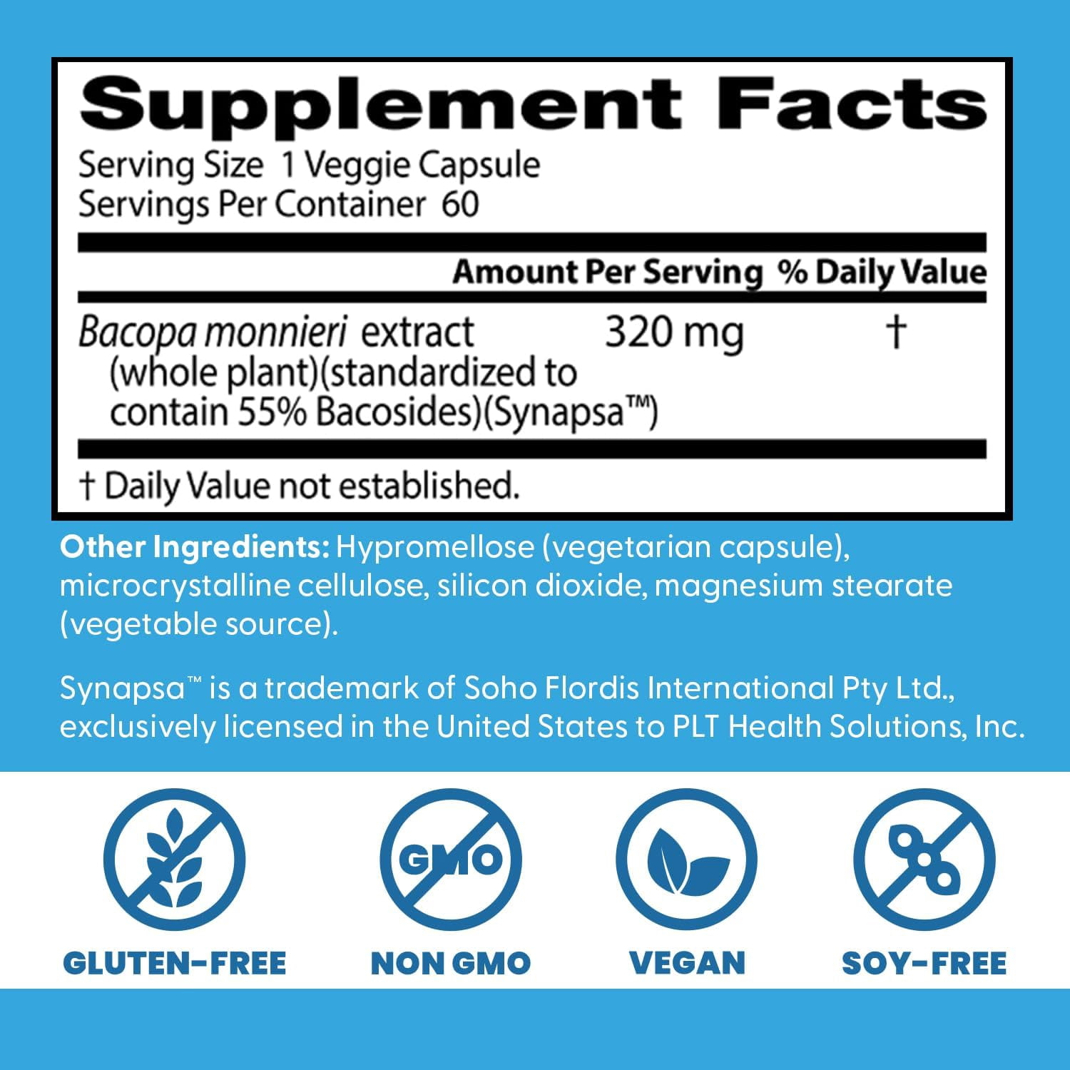 Doctor's Best Bacopa with Synapsa, Non-GMO, Vegan, Gluten Free, Soy Free, Helps Enhance Memory, 320 mg, 60 Veggie Caps