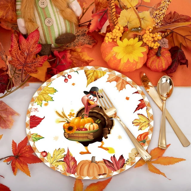 Fall Dinnerware Set Disposable,Disposable Party Dinnerware Set Thanksgiving,Thanksgiving Paper Plates Festive Fall Pumpkin Leaves Pattern Disposable Tableware for Fall Harvests Party,9"Plates*10pc