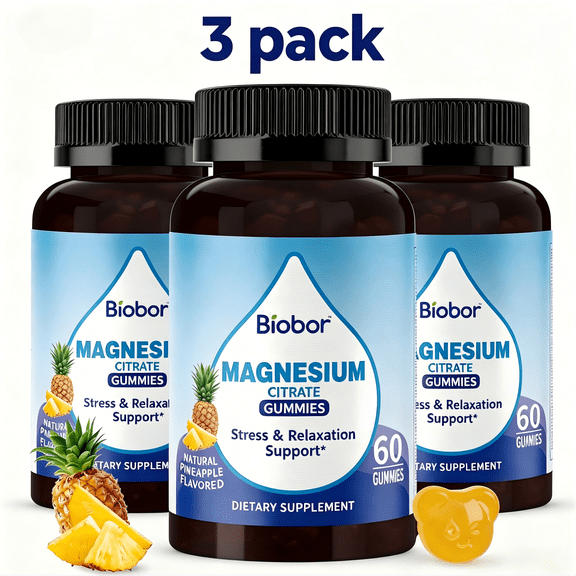 (3 Packs) Biobor Potassium Magnesium Gummies, Magnesium Citrate & Potassium Citrate Supplements with Vitamin D3, B6 Pineapple Flavor, 60 Ct