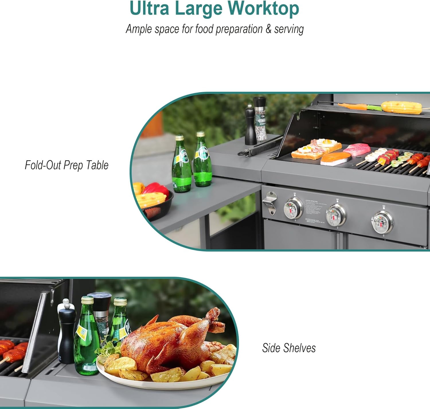Brand Man 6-Burner Outdoor Gas Kitchen Grill Island with Side Burner, BBQ Station with Storage Cabinets and Fold-out Prep Table, LPG/NG Convertible