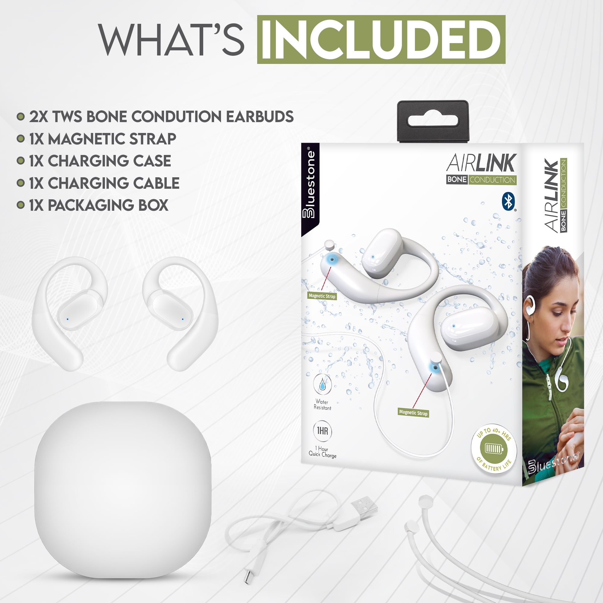 Bluestone AirLink Bone Conduction Wireless Earbuds | Bluetooth 5.3 Headphones with Magnetic Strap | Water Resistant | Digital Power Display | 40+ Hour Battery Life | Quick Charge