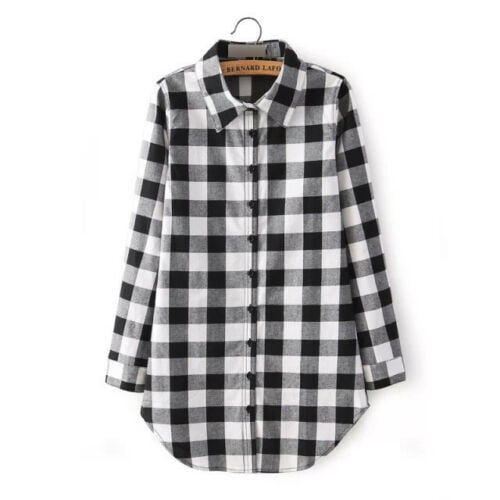 Chemise à Manches Longues pour Femmes Col Rabattu Imprimé à Carreaux Classique Chemise Longue en Coton Noir Rouge