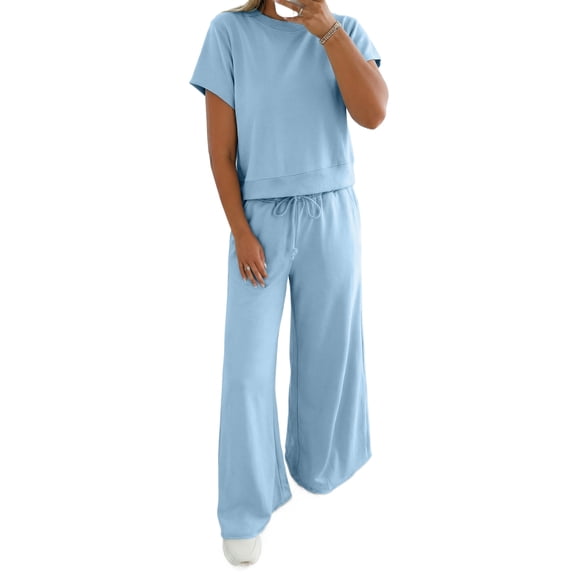 Women's Mist Blue Casual Tee & Wide Leg Pants Set – Effortless Summer Style, XL