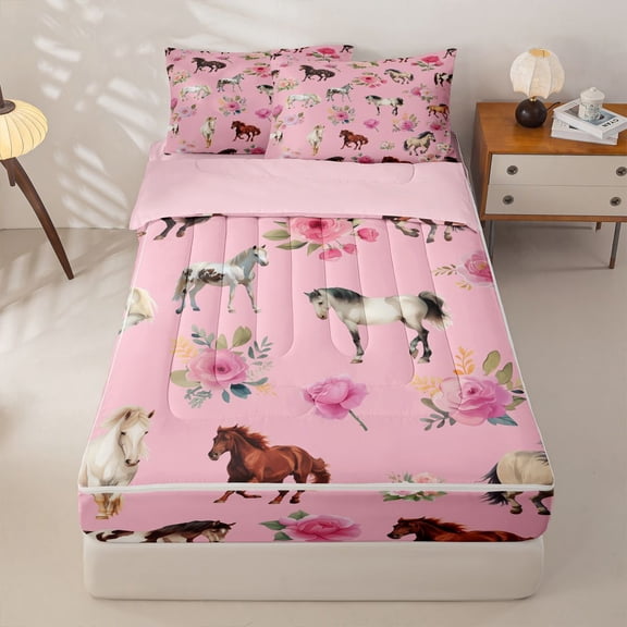 Homewish Rustic Farmhouse Horse Zipper Full Size Comforter Sets with Fitted Sheet and 2 Pillowcases, Girls Pink Flower Zipper Bedding Set, Pink Reversible, 4-Piece