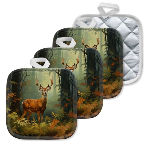4 Pack Pot Holders,Kitchen Essential, Potholder Set,Deer In The Mysterious Forest