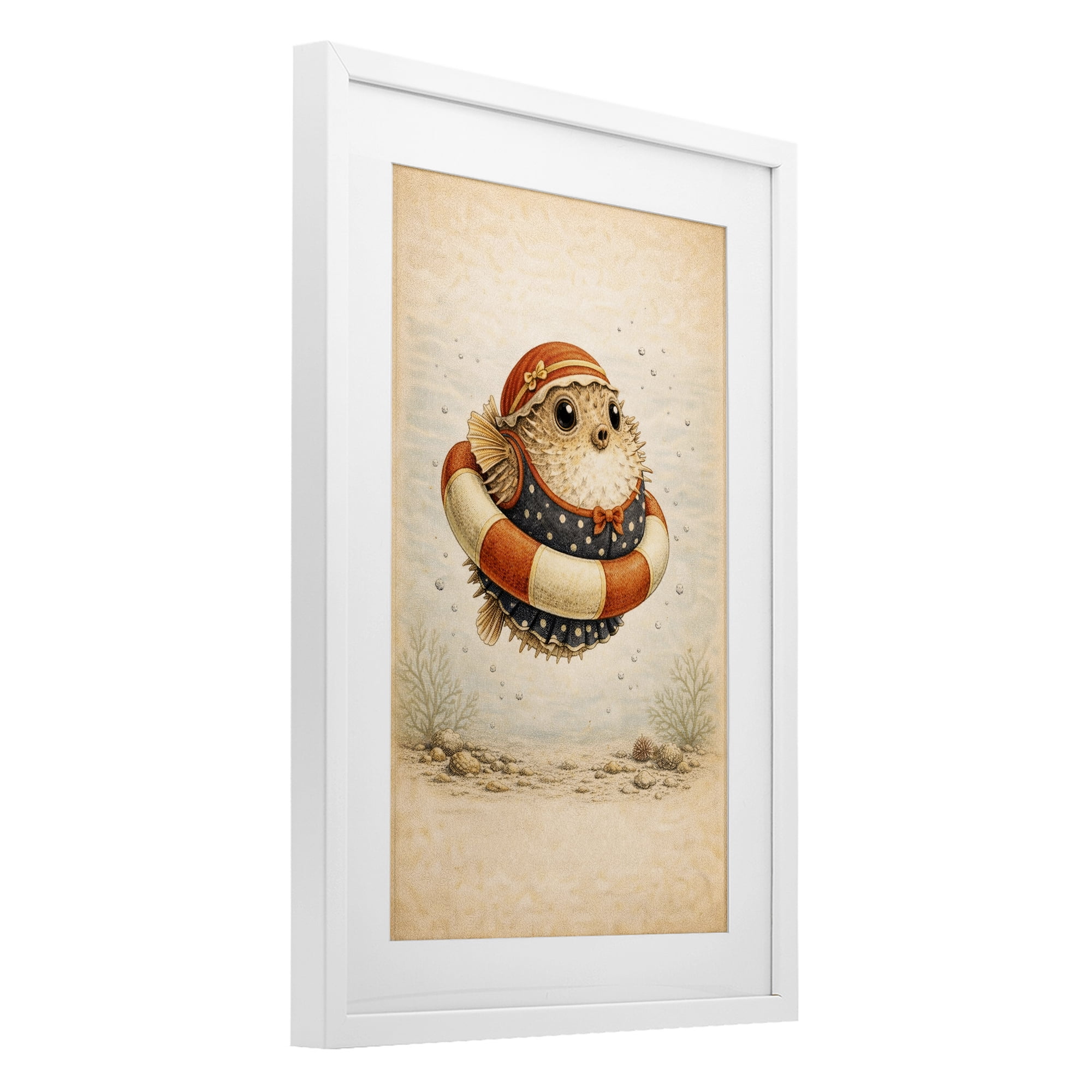 Stupell Industries Pufferfish Of Maritime Bathing Society White Framed Print Under Glass, design by Grotto Studios