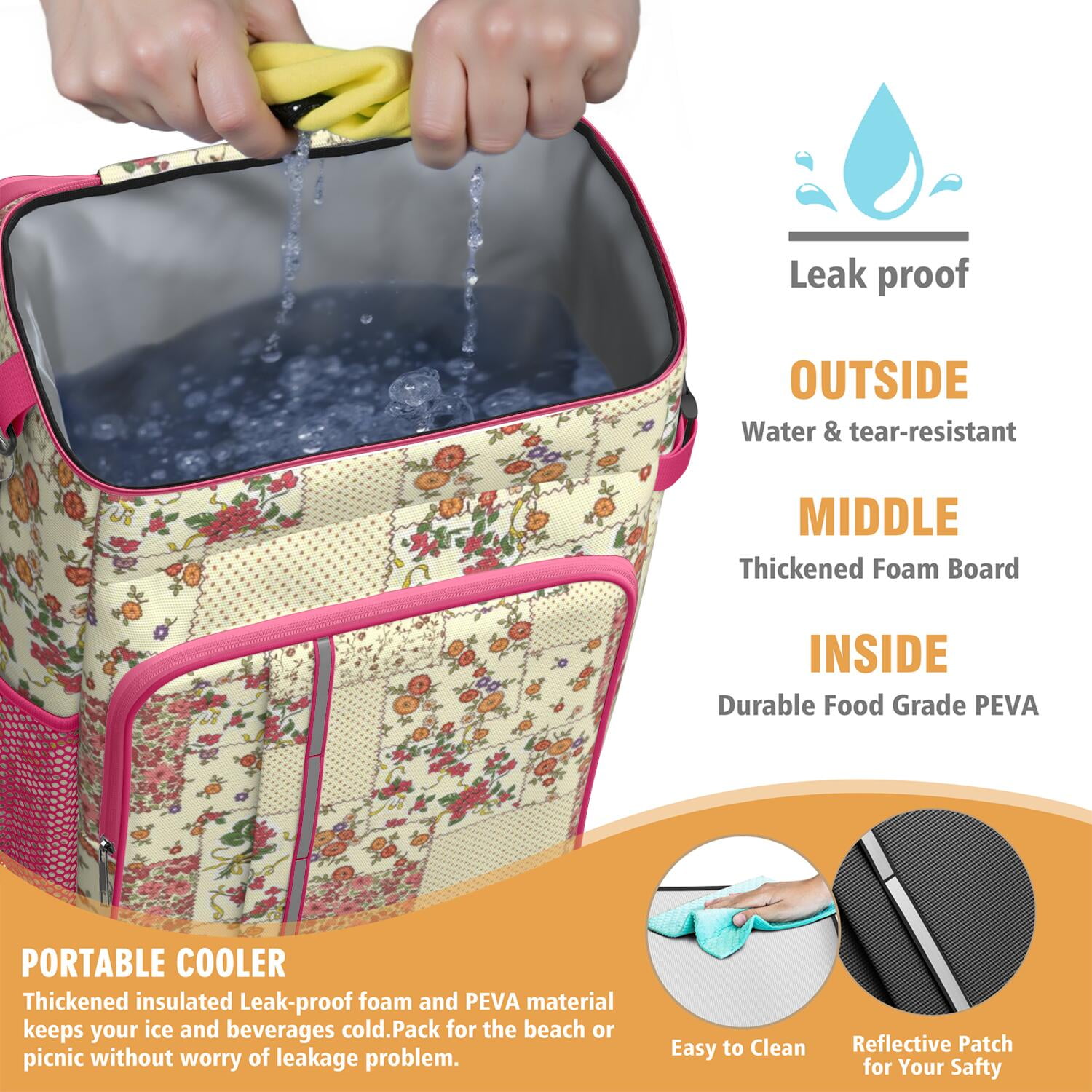 Travel Cooler Bag - Pioneer Flower Floral Print Pattern Camping Beer Cooler Backpack with Bottle Opener- Waterproof Insulated Picnic Backpacks - Cooler Bag for Beach