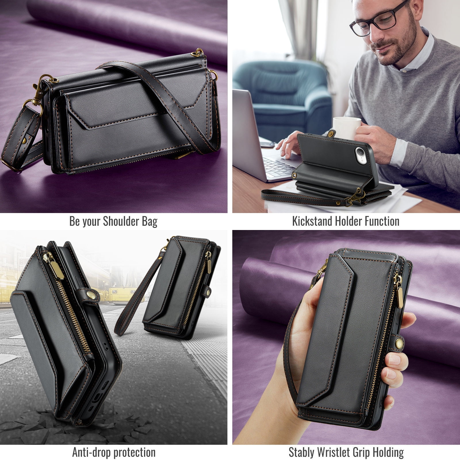 Compatible with iPhone 16e/SE 2025/SE 4 Zipper Wallet Phone Case Tempered Glass Screen Protector Crossbody Lanyard Strap Flip Card Holder Slot Cell Cover for i Phone16e i16e 16 e SE4 Women Black