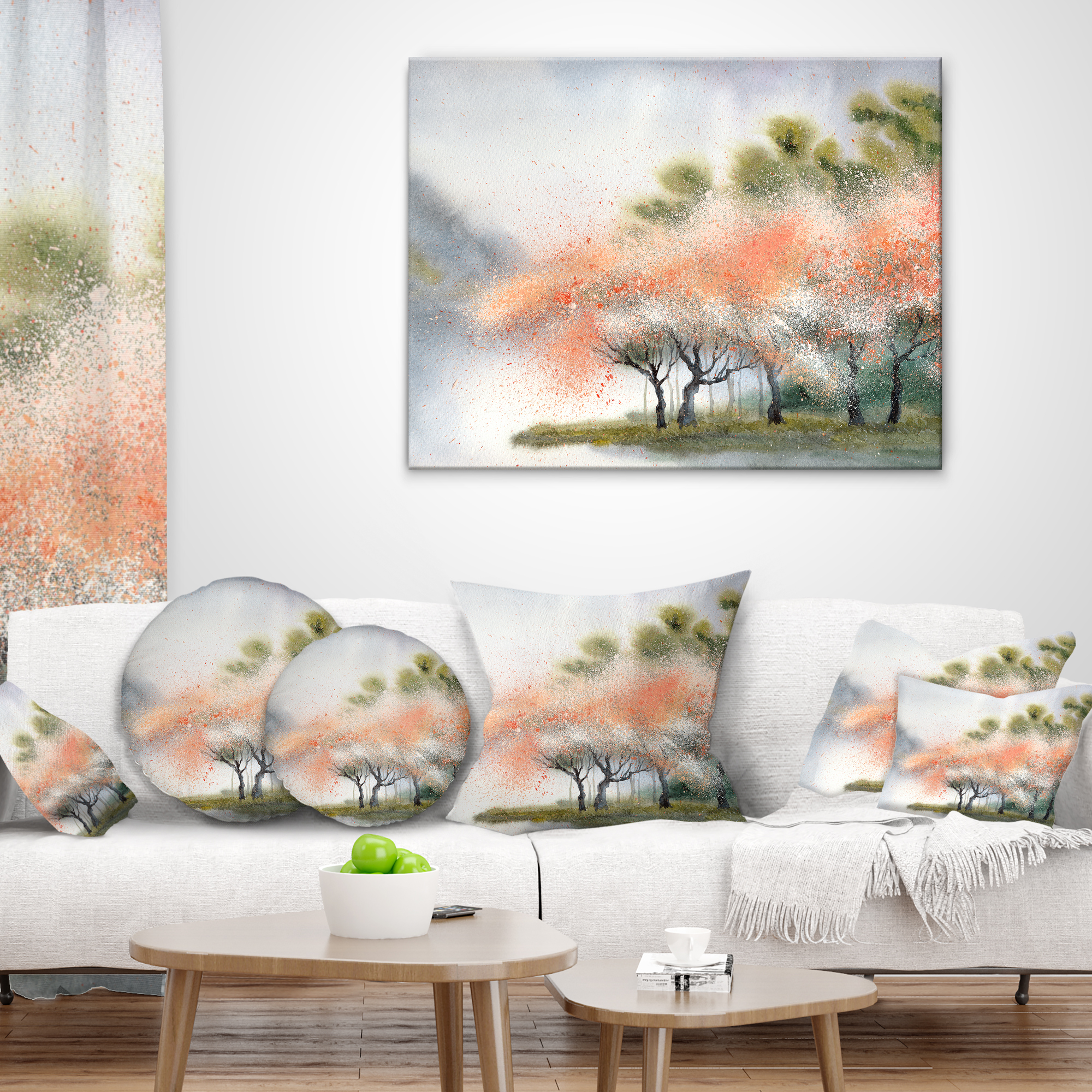 Designart Trees with Flowers Near River - Landscape Printed Throw Pillow - 16x16